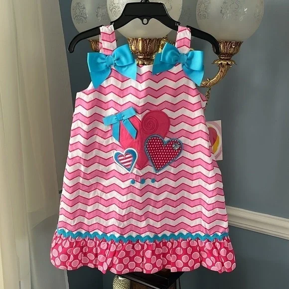 Brand New Youngland Pink & White Striped Ruffle Sleeveless Dress Blue Bows Heart - Picture 11 of 11